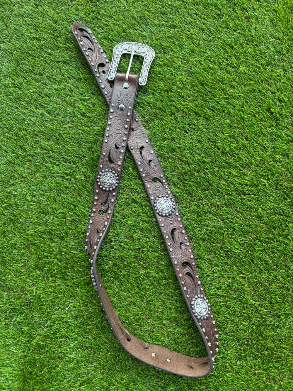 Ariat Brown Tooled Leather Belt with Silver Conchos
